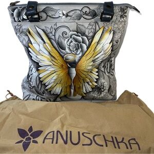 EUC Anuschka Handbag Gray/Gold Guardian Angel Wings Roses  Large Tote Purse